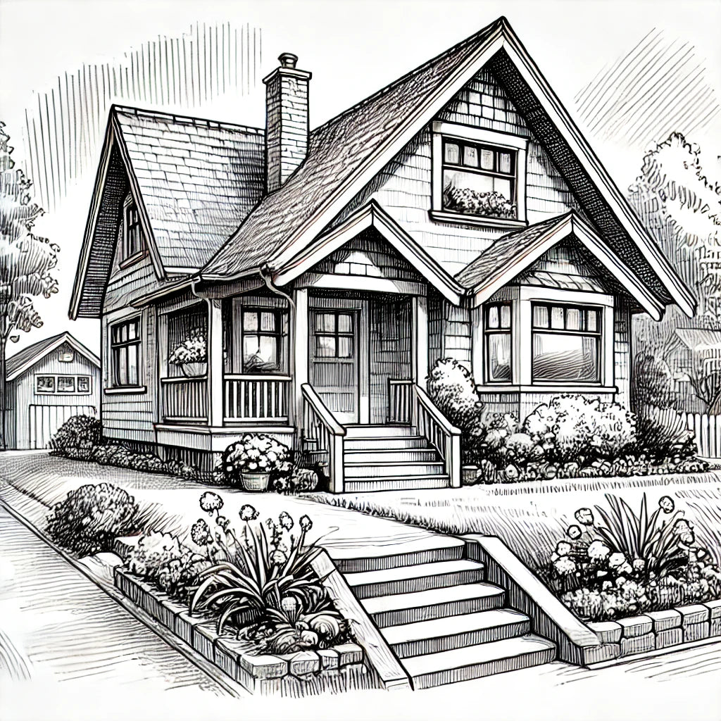 A detailed, hand-drawn style sketch of a cozy house, featuring a pitched roof, a front porch with steps, large windows, and a small garden with flower
